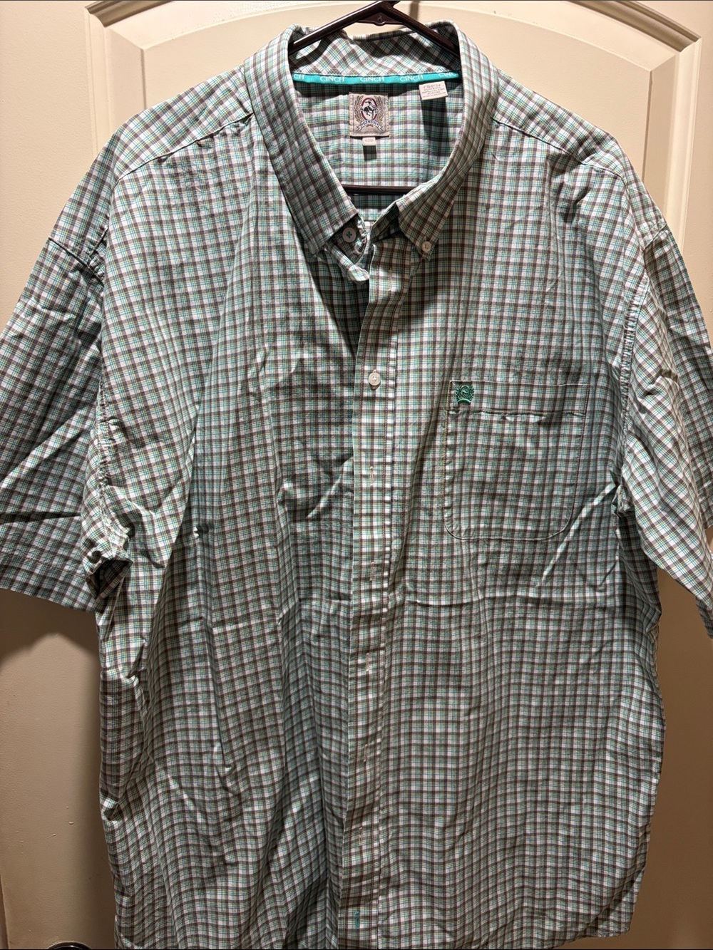 Cinch Short-Sleeve Green Plaid Button-Down Shirt
